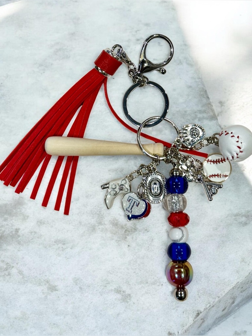 Texas Rangers Tassel Keychain with Bat and Ball Charms